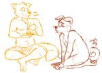  begging canine chop_sticks chopsticks dog duo eating food hungry kneeling male mammal markings monochrome nom nude orange_and_white plain_background red_and_white sitting socks_(marking) sweat tailwag teasing topless unknown_artist wagging white_background 