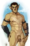  armor balls brown_eyes brown_hair claws doxolove hair hairy male penis solo 