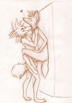  &hearts; anthro brown_and_white canine duo female male mammal monochrome penguinarse pinned pleasure sex sketch straight wall 