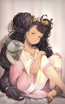  axew bad_feet big_hair black_hair dark_skin gen_5_pokemon iris_(pokemon) long_hair mifuji pokemon pokemon_(creature) pokemon_(game) pokemon_bw sitting two_side_up very_long_hair 