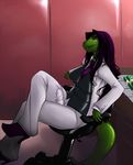  breasts bulge business_woman chair erica_(character) faint female formal hair herm intersex lizard long_hair looking_at_viewer money necktie penis purple_hair reptile scalie tie white_jacket white_suit 