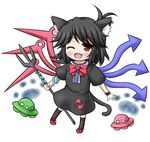  animal_ears aonagi_ibane asymmetrical_wings black_legwear cat_ears cat_tail fang houjuu_nue kemonomimi_mode one_eye_closed polearm red_eyes short_hair simple_background snake solo tail thighhighs touhou trident ufo weapon wings zettai_ryouiki 