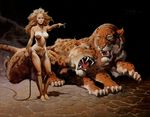  animal breasts fantasy feline female feral frank_frazetta fur hair human jewelry leopard long_hair mammal not_furry nude oils orange orange_fur painting pointing spots standing whip 