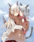  animal_ears blush closed_eyes couple eila_ilmatar_juutilainen grey_hair hug hug_from_behind kutsuwada_on long_hair multiple_girls pantyhose sanya_v_litvyak scarf short_hair smile snow strike_witches tail winter_clothes world_witches_series yuri 