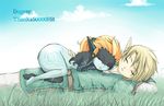  1girl arm_around_waist blonde_hair blue_skin blue_sky closed_eyes day grass hits imp inumimi_moeta link long_hair lying_on_person midna no_headwear pointy_ears ponytail sky sleeping the_legend_of_zelda the_legend_of_zelda:_twilight_princess 
