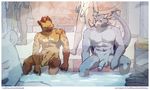  2011 ankylosaur ankylosaurus anthro artdecade balls bath bath_house bathhouse bathing bear circumcised dinosaur eye_contact fur gay horn horns hot_spring hyena looking_at_each_other male mammal nude penis scalie sweat uncut water yazan_argo 