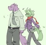  canine female hand_holding leaves male pants pasikon purple scarf shirt skirt tail tie white 