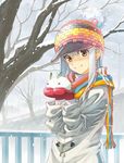  bare_tree brown_eyes coat hat highres hirokiku multicolored multicolored_clothes multicolored_scarf original scarf silver_hair snow snow_bunny snowing solo striped striped_scarf toggles tree winter_clothes 