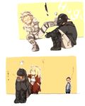  1girl 3boys aikawa_(dorohedoro) bad_id bad_pixiv_id black_hair blonde_hair blush comic dorohedoro gas_mask gloves helmet kawajiri multiple_boys nikaidou_(dorohedoro) open_mouth risu_(dorohedoro) smile tattoo translated 