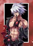  abs arc_system_works blazblue heterochromia highres kaneaki_mukku male male_focus manly muscle open_clothes open_shirt pubic_hair ragna_the_bloodedge shirt solo sweat underwear undressing wet white_hair 