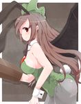  animal_ears arm_cannon black_wings bow brown_hair bunny_ears bunny_tail bunnysuit gerukazai green_bow hair_bow long_hair pantyhose red_eyes reiuji_utsuho solo tail touhou weapon wings wrist_cuffs 