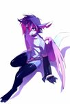  blue_eyes collar dragon gloves hidden_paw horns looking_at_viewer male peritian pink purple rape_face scalie smile solo stockings thong wings 
