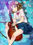  :d ahoge barefoot between_thighs blush bow brown_eyes brown_hair casual checkered checkered_floor flower guitar hair_flower hair_ornament hairclip hirasawa_yui instrument k-on! legs lying open_mouth petals shade shigureteki short_hair skirt smile solo wristband 