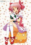  :d absurdres ankle_lace-up bow choker cross-laced_footwear dress gloves hair_bow heart heart_pillow highres kaname_madoka kneehighs mahou_shoujo_madoka_magica megami official_art open_mouth pillow pink_eyes pink_hair puffy_sleeves red_choker red_eyes short_hair short_twintails sitting smile solo taniguchi_jun'ichirou twintails 