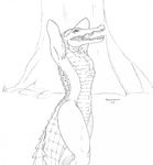  alligator black_and_white female karerease monochrome nude plain_background reptile scalie solo stretching white_background 