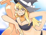  bad_id bad_pixiv_id banana bikini blonde_hair braid breasts cleavage food fruit grin hat holding holding_food holding_fruit kirisame_marisa kosame_daizu large_breasts long_hair smile solo swimsuit touhou upper_body witch_hat yellow_eyes 