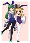  animal_ears bad_id bad_pixiv_id bare_shoulders black_legwear blonde_hair breasts bunny_ears bunnysuit cleavage detached_collar detached_sleeves eyes frog full_body gohei green_hair hair_ornament hat high_heels highres kochiya_sanae kt2 long_hair medium_breasts moriya_suwako multiple_girls pantyhose print_legwear shoes short_hair small_breasts snake star star_print thighhighs touhou white_legwear yellow_eyes 