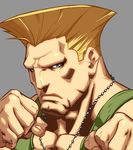  alvin_lee angry bare_shoulders blonde_hair blue_eyes chest clenched_hands close-up closed_mouth face fighting_stance flattop frown grey_background guile jewelry looking_at_viewer male_focus muscle necklace official_art simple_background solo street_fighter street_fighter_ii_(series) tank_top udon_entertainment 