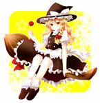  aplerichi apple bad_id bad_pixiv_id blonde_hair braid broom broom_riding food fruit hat highres kirisame_marisa short_hair sidesaddle solo touhou witch_hat yellow_eyes 