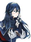  1girl aqua_eyes blue_hair fingerless_gloves fire_emblem fire_emblem:_kakusei flower gloves hair_between_eyes highres holding holding_flower long_hair long_sleeves lucina nintendo portrait roroichi simple_background solo super_smash_bros. super_smash_bros._ultimate white_background white_flower 