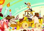  1girl akiakane bad_id bad_pixiv_id blonde_hair blue_eyes bow brother_and_sister candle candy chocolate chocolate_bar food fruit hair_bow hair_ornament hairclip happy_birthday jelly_bean kagamine_len kagamine_rin kneeling outstretched_arm ponytail short_hair siblings sitting steamroller strawberry twins vocaloid 