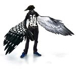  beak beanie belt bird black_feathers clothed clothing english_text hat loon magpie male pants plain_background prawst red_eyes scarf shirt shoes sneakers solo text white_background white_feathers white_markings wing_hands wings 