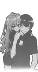  1girl aisaka_taiga blush greyscale highres hug hug_from_behind long_hair monochrome smile takasu_ryuuji tanaka_masayoshi toradora! 