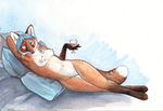  anthro bed beverage blue_hair breasts cadmiumtea canine decolordomina female fox glass green_eyes hair lilandria lily looking_at_viewer lying mammal nipples nude pillow pillows plain_background solo tail white_background wine 