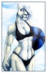  beach_ball bikini blue_eyes breasts clothed clothing feline female hair lion long_hair mammal masculine muscles muscular_female navel skimpy smile solo swimsuit tasanko tight_clothing white_hair white_lion 