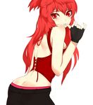  ass back bad_id bad_pixiv_id blush butt_crack corset fingerless_gloves gloves hidaka_aoi juusou_kikou_dancouga_nova kakaaru long_hair looking_back red_eyes red_hair simple_background solo 