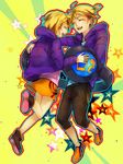  1girl alternate_costume bad_id bad_pixiv_id blonde_hair brother_and_sister casual closed_eyes hair_ornament hairclip happy headphones kagamine_len kagamine_rin matsunaka_hiro oversized_object ponytail short_hair siblings twins vocaloid 