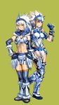  armor barioth_(armor) black_legwear bow_(bhp) breasts elbow_gloves gloves green_background headgear highres horns kirin_(armor) medium_breasts midriff monster_hunter multiple_girls navel red_eyes silver_hair striped striped_legwear thighhighs underboob vertical-striped_legwear vertical_stripes white_hair 