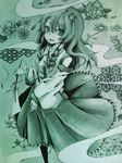  bad_id bad_pixiv_id coco_maru detached_sleeves gohei jpeg_artifacts kochiya_sanae long_hair looking_up monochrome solo touhou traditional_media 