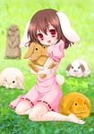 animal_ears bad_id bad_pixiv_id barefoot brown_hair bunny bunny_ears bunny_tail inaba_tewi momose_rin red_eyes short_hair solo tail too_many too_many_bunnies touhou 