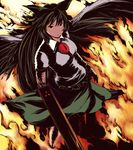  arm_cannon bad_id bad_pixiv_id black_hair bow fire hair_bow kirieppa long_hair red_eyes reiuji_utsuho solo touhou weapon wings 