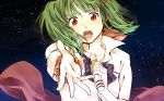  1girl bow crying crying_with_eyes_open green_hair hair_ornament hairclip looking_at_viewer macross macross_frontier macross_frontier:_sayonara_no_tsubasa microphone music open_mouth outstretched_arm outstretched_hand ranka_lee red_eyes school_uniform scrunchie short_hair singing sky solo star_(sky) starry_sky teardrop tears teeth tenni_noboru wind wind_lift wrist_scrunchie 