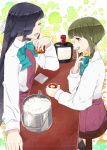  2girls absurdres alcohol black_hair bob_cut boots bow bowtie braid brown_eyes cross-laced_footwear cup dress eyes_closed facing_another green_hair hair_over_one_eye hair_ribbon halterneck hayashimo_(kantai_collection) highres hime_cut holding holding_cup ice ice_bucket kanmiya_shinobu kantai_collection lace-up_boots long_hair long_sleeves looking_at_another multiple_girls open_mouth ribbon school_uniform shirt short_hair sidelocks sleeveless sleeveless_dress takanami_(kantai_collection) very_long_hair whiskey white_ribbon white_shirt 