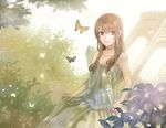  bad_id bad_pixiv_id bare_shoulders blue_eyes blurry brown_hair bug butterfly clothes_grab depth_of_field dress flower garden gazebo insect kirinosuke leaf long_hair nature original plant smile solo 