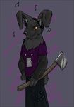  :| ? axe black_bottomwear bracelet brown_eyes clothing creepy_face creepy_faces ear_fluff ears floppy_ears fluffy fur gray_fur grey_armwear grey_fur headphones holding jewelry jjiinx lagomorph listening_to_music looking_at_viewer mammal music musical_note neck_ruff pants purple_shirt purple_topwear rabbit shirt shirt_logo solo standing syynx tail weapon white_sclera 