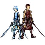  1girl blue_eyes blue_hair brown_hair concept_art dual_wielding holding nac0n original red_eyes scar short_hair sword weapon 