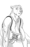  bear black_and_white breasts cleavage clothed clothing ear_piercing earring female furronika greyscale mammal monochrome necklace piercing pussy solo 