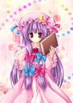  bad_id bad_pixiv_id book bow crescent fukase_ayaka hair_bow hat long_hair patchouli_knowledge purple_eyes purple_hair solo touhou 