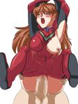  1girl armpits arms_up black_eyes blush breasts brown_hair censored female held_up hetero highres hikawadou large_breasts legs legs_up long_hair male neon_genesis_evangelion nipples one_breast_out open_mouth penis plugsuit pussy sex simple_background soryu_asuka_langley souryuu_asuka_langley spread_legs standing thighs torn_clothes vaginal white_background wince wink 