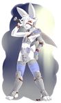  armor bulge girly hair lagomorph looking_at_viewer male rabbit red_eyes skimpy solo standing stockings sword unconvincing_armour warrior weapon white white_hair zombiebunnyboy 
