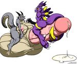  2010 balls breasts brown_eyes claws cum cum_pool deonwolf dragon dragoneer_(character) grey herm horns hyper hyper_balls hyper_breasts hyper_penis intersex male nude penis puddle purple red_eyes scalie sheath tail talash white_background 