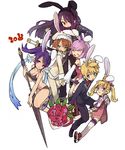  2boys 4girls animal_ears anise_tatlin anise_tatlin_(cosplay) bikini black_bikini blonde_hair blue_eyes bouquet brown_hair bunny_ears closed_eyes cosplay doll estellise_sidos_heurassein flower flynn_scifo highres holding_hands judith long_hair multiple_boys multiple_girls new_year patty_fleur pink_flower pink_hair pink_rose pointy_ears purple_eyes red_flower red_rose rita_mordio rose short_hair soto swimsuit sword tales_of_(series) tales_of_the_abyss tales_of_vesperia weapon white_background yuri_lowell 