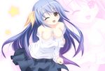  bare_shoulders blue_hair breasts brown_eyes cleavage hair_ribbon kujou_ria large_breasts long_hair long_sleeves morishi one_eye_closed open_mouth ribbon skirt solo star twinkle_crusaders zoom_layer 