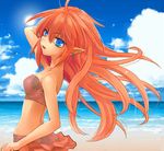  beach bikini bikini_skirt blue_eyes day kawazoe_mariko long_hair ocean pointy_ears red_hair rune_factory rune_factory_3 solo swimsuit toona 
