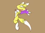  2007 blue_eyes breasts canine chest_tuft colored_background crazy darkdoomer digimon female fox gloves looking_at_viewer renamon solo tail tongue 