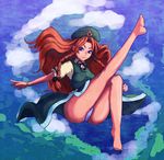  bad_id bad_pixiv_id bare_legs barefoot beret blue_eyes braid feet frown hat hong_meiling leg_up long_hair midair nosuku outstretched_leg panties pantyshot red_hair side_slit solo touhou twin_braids underwear white_panties 